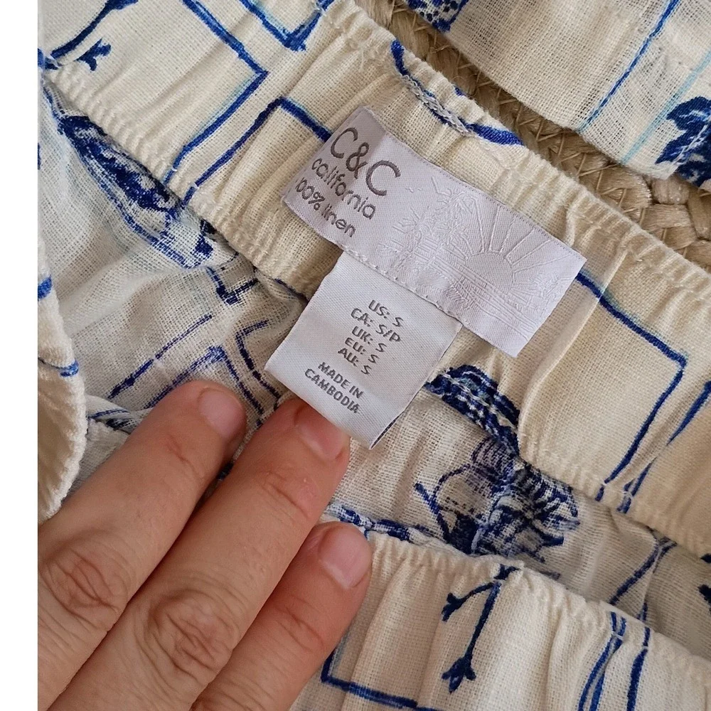 C&C California Linen Matching Set Shirt Shorts Blue White Flamingo Tropical SZ S